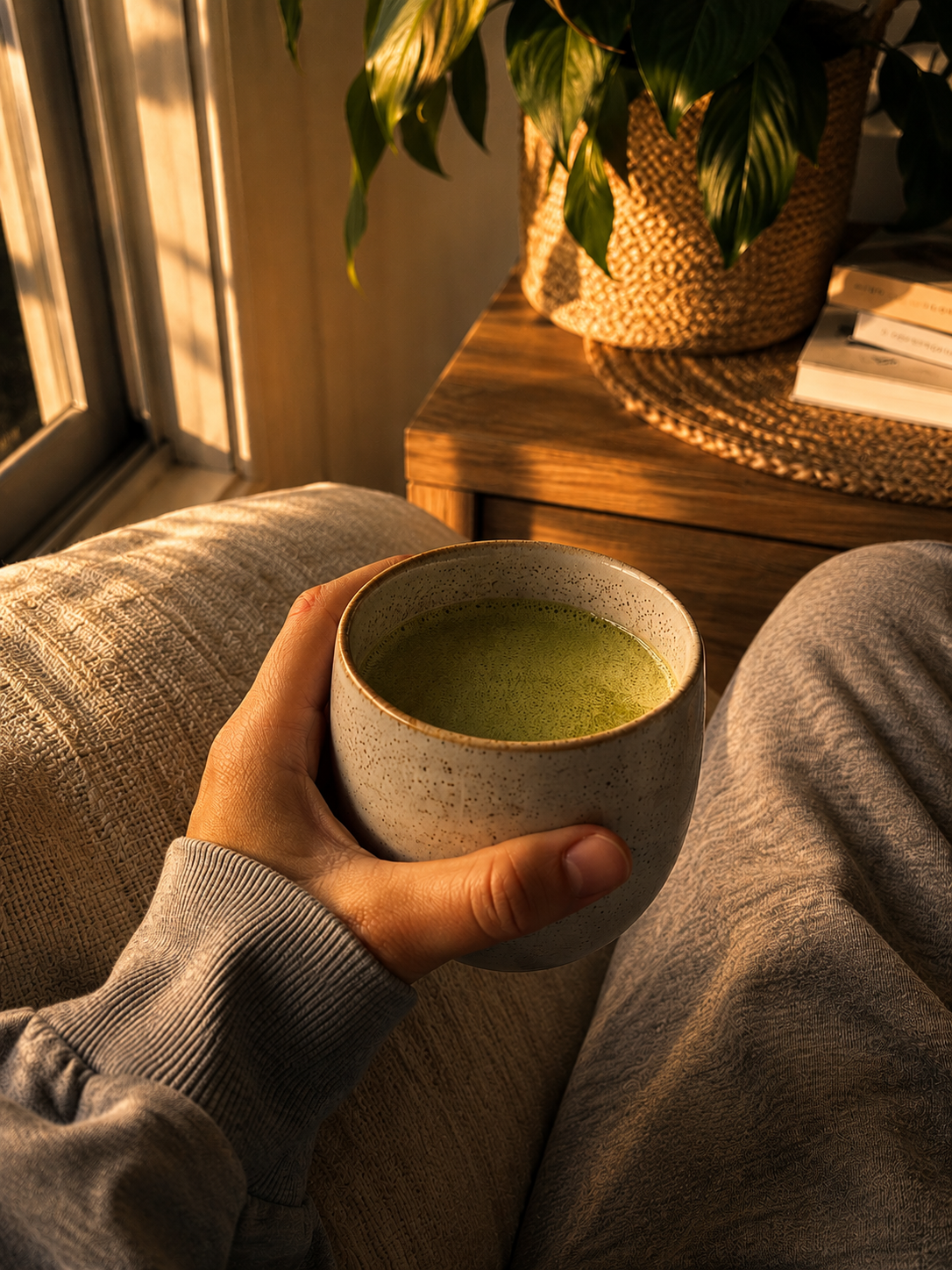 Afternoon matcha with PURE in warm sunlight